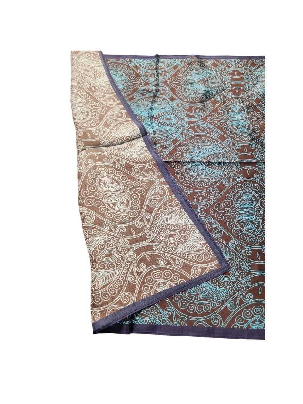 Silk Square Scarf Brown & Turquoise Paisley Design 20"x20" Elegant Soft Handkerc - Picture 8 of 12